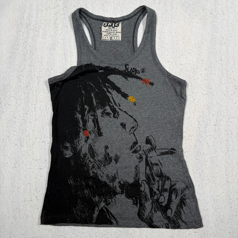 Sure Moon Flower Graphic Tank Top Grey Cotton Racerback Smoking Man Small